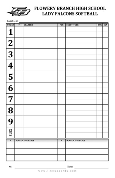 Custom High School Softball Lineup Cards 4 Part Lineup Cards With Team Logo
