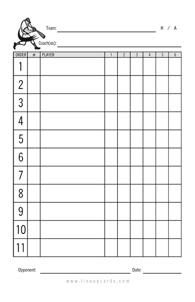 Custom Recreational Baseball League Lineup Cards